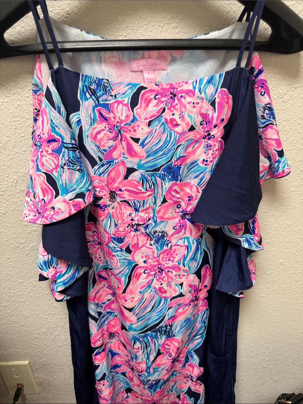 Lilly Pulitzer Pink & Navy Floral Off-Shoulder Dress - Picture 3 of 4